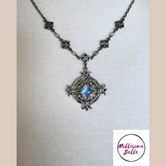 Blue and Silver Jeweled Pendant Necklace w/ Earrings - Picture 5 of 8